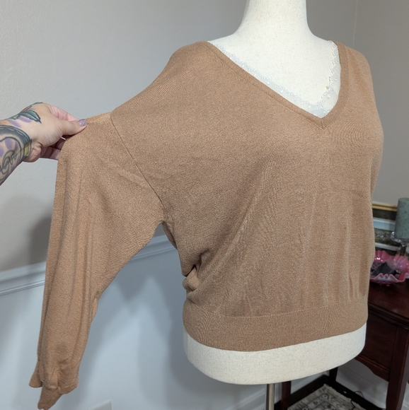 3/$30 Ann Taylor Tan Lace Trimmed V Neck Sweater - Picture 4 of 7